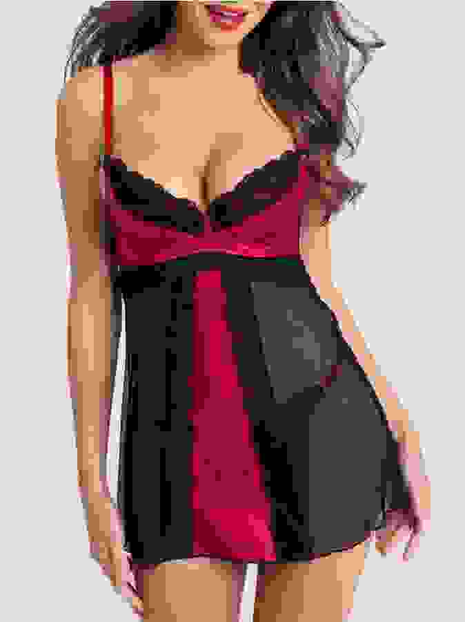 Lovehoney Empress Red Satin and Lace Chemise Set, Red, hi-res
